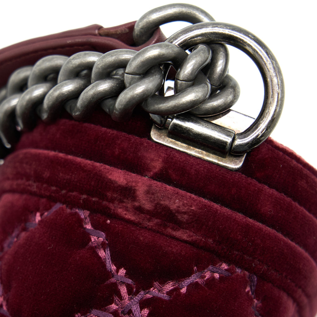 CHANEL MEDIUM BOY BAG VELVET DARK RED RUTHENIUM SHW