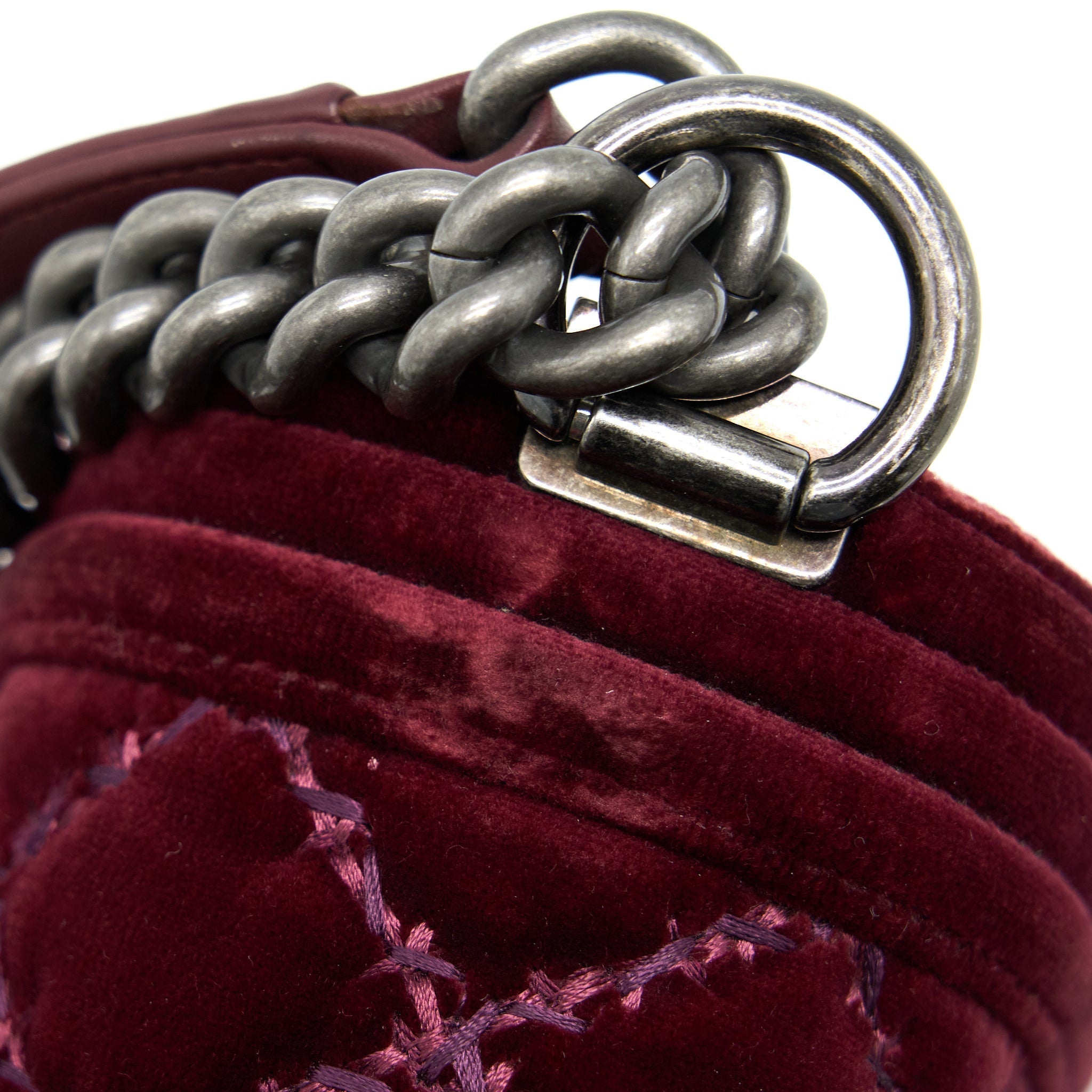 CHANEL MEDIUM BOY BAG VELVET DARK RED RUTHENIUM SHW