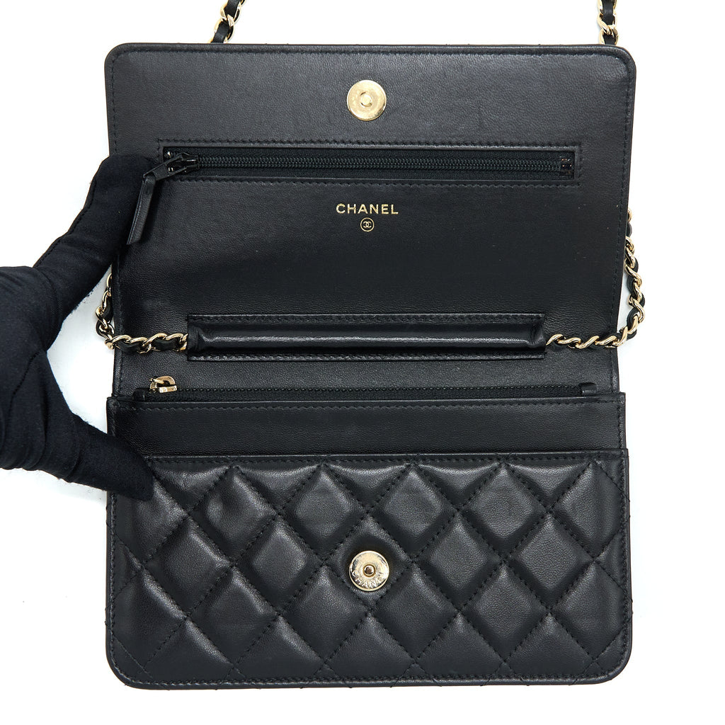 CHANEL QUILTED WALLET ON CHAIN WITH CAMELLIA CHAIN LAMBSKIN BLACK LGHW