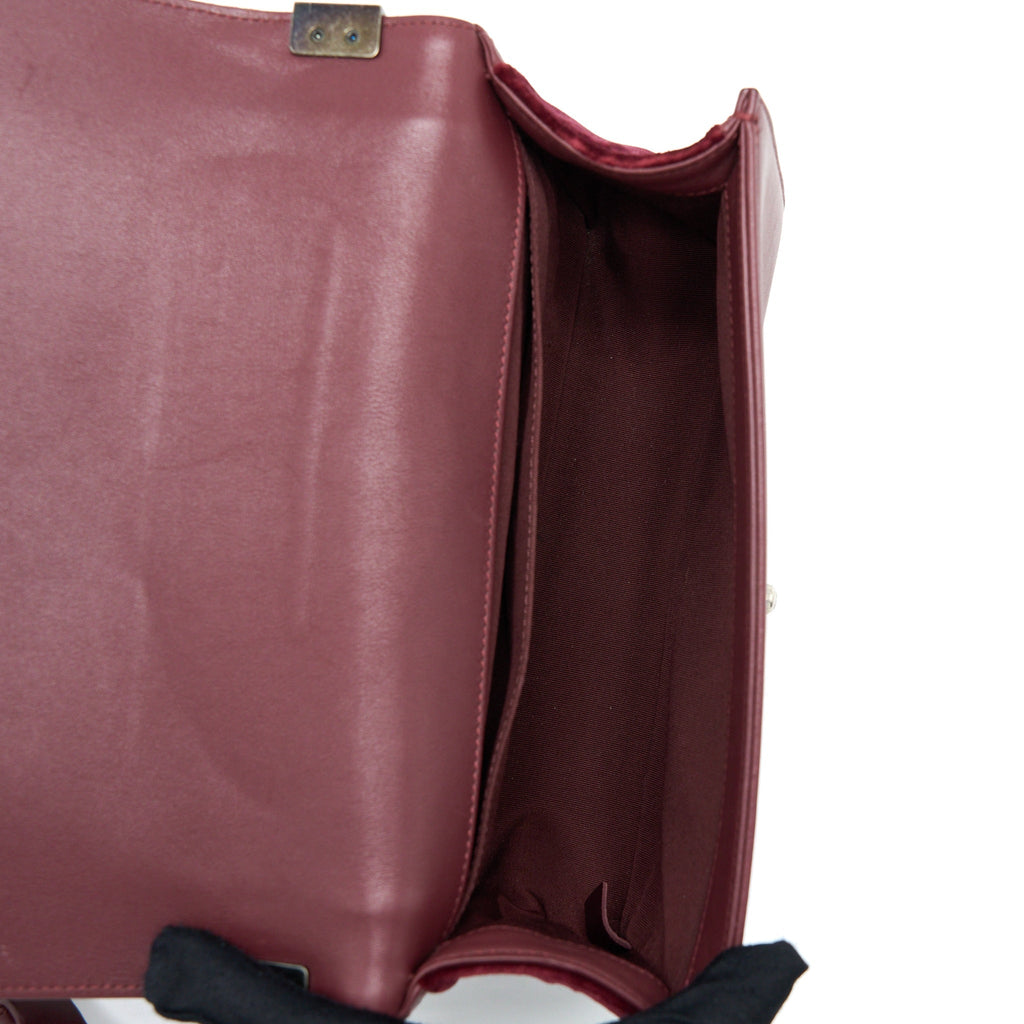 CHANEL MEDIUM BOY BAG VELVET DARK RED RUTHENIUM SHW
