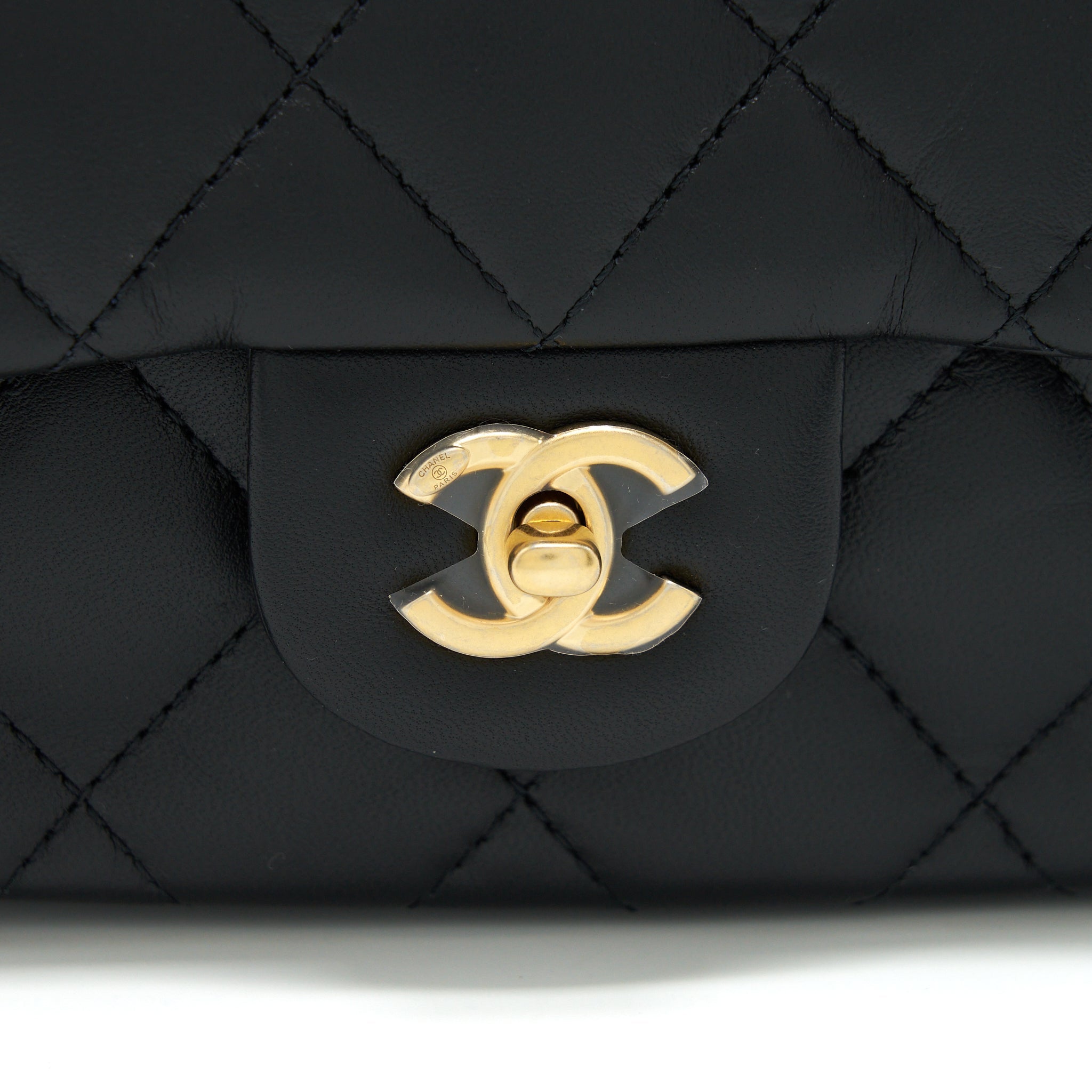 CHANEL SEASONAL MINI RECTANGULAR FLAP BAG HEART CHARM CHAIN LAMBSKIN BLACK GHW (MICROCHIP)