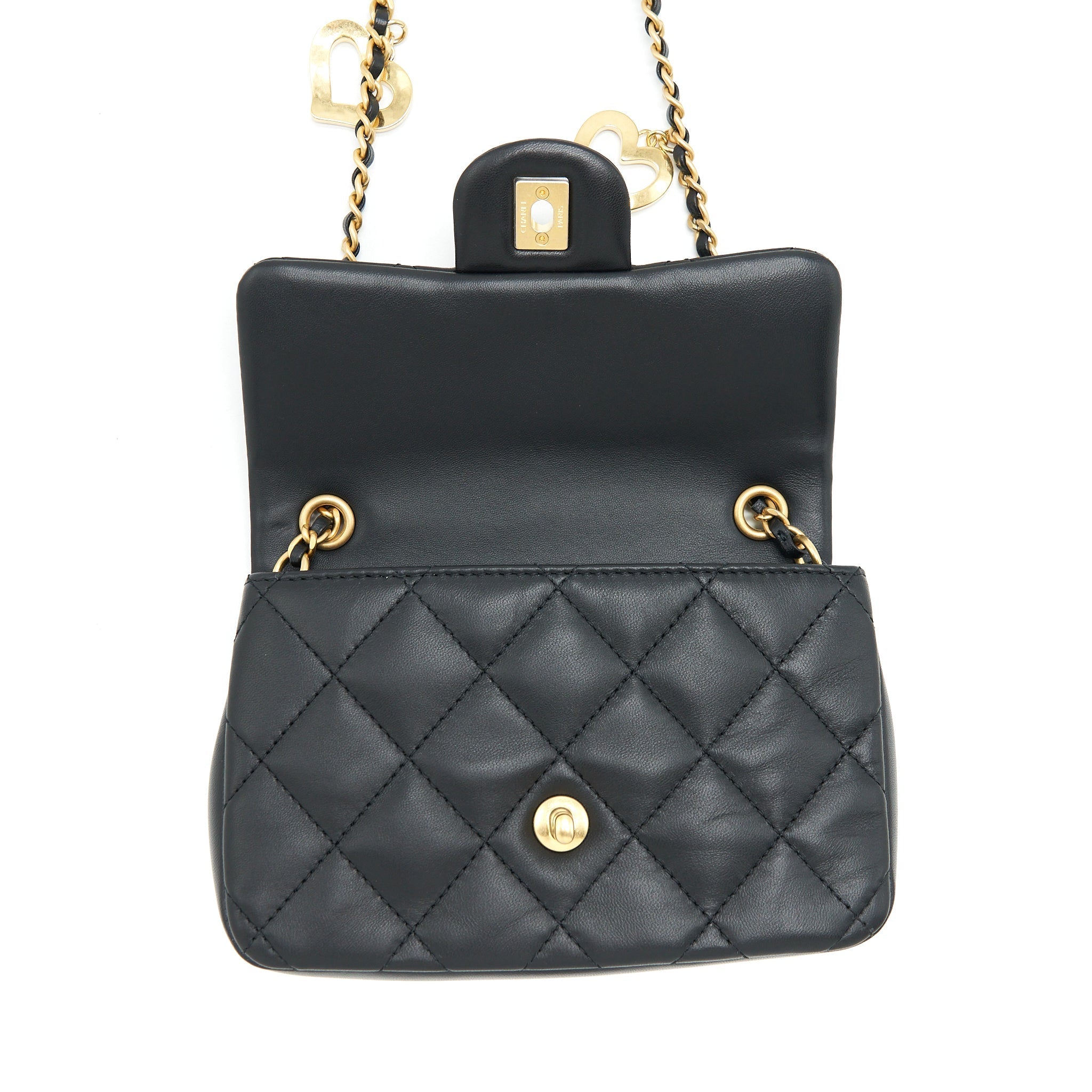 CHANEL SEASONAL MINI RECTANGULAR FLAP BAG HEART CHARM CHAIN LAMBSKIN BLACK GHW (MICROCHIP)
