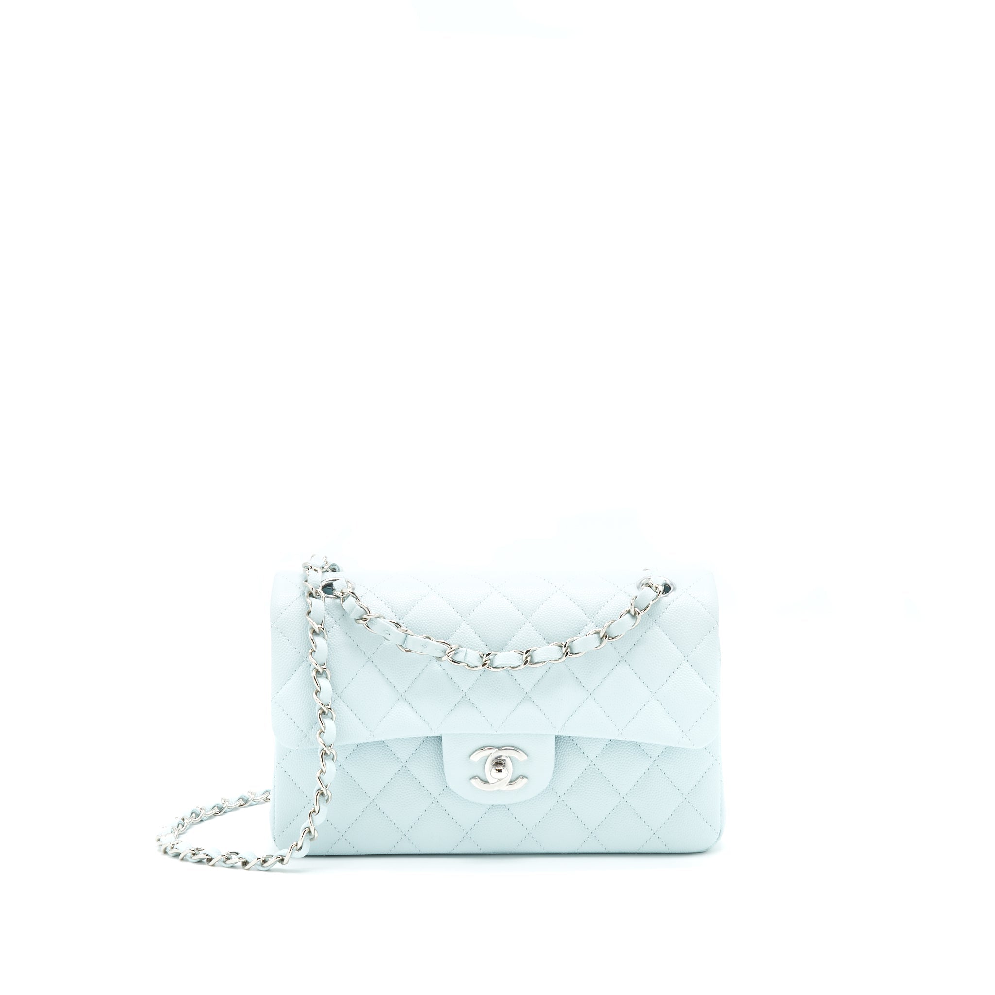 CHANEL 21K SMALL CLASSIC DOUBLE FLAP BAG CAVIAR LIGHT BLUE SHW (MICROCHIP)
