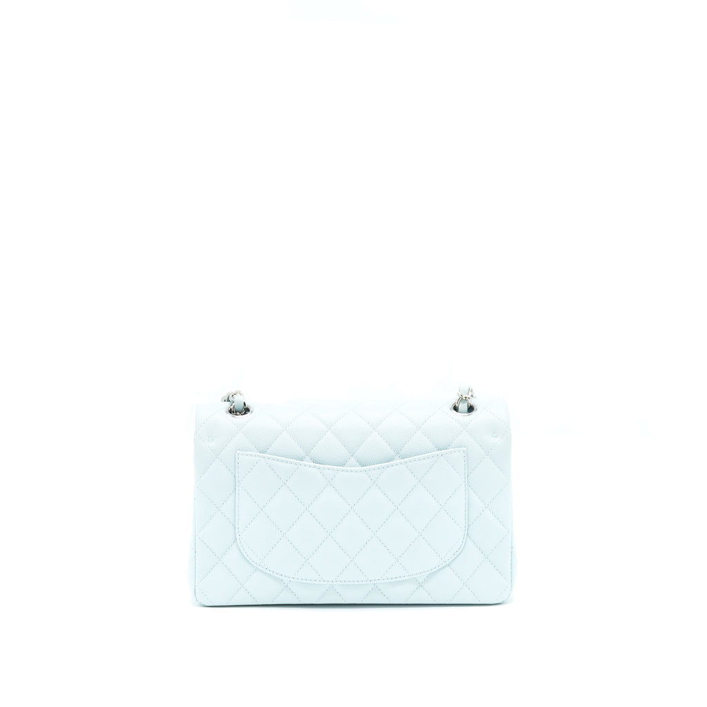 CHANEL 21K SMALL CLASSIC DOUBLE FLAP BAG CAVIAR LIGHT BLUE SHW (MICROCHIP)