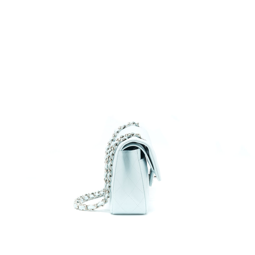 CHANEL 21K SMALL CLASSIC DOUBLE FLAP BAG CAVIAR LIGHT BLUE SHW (MICROCHIP)