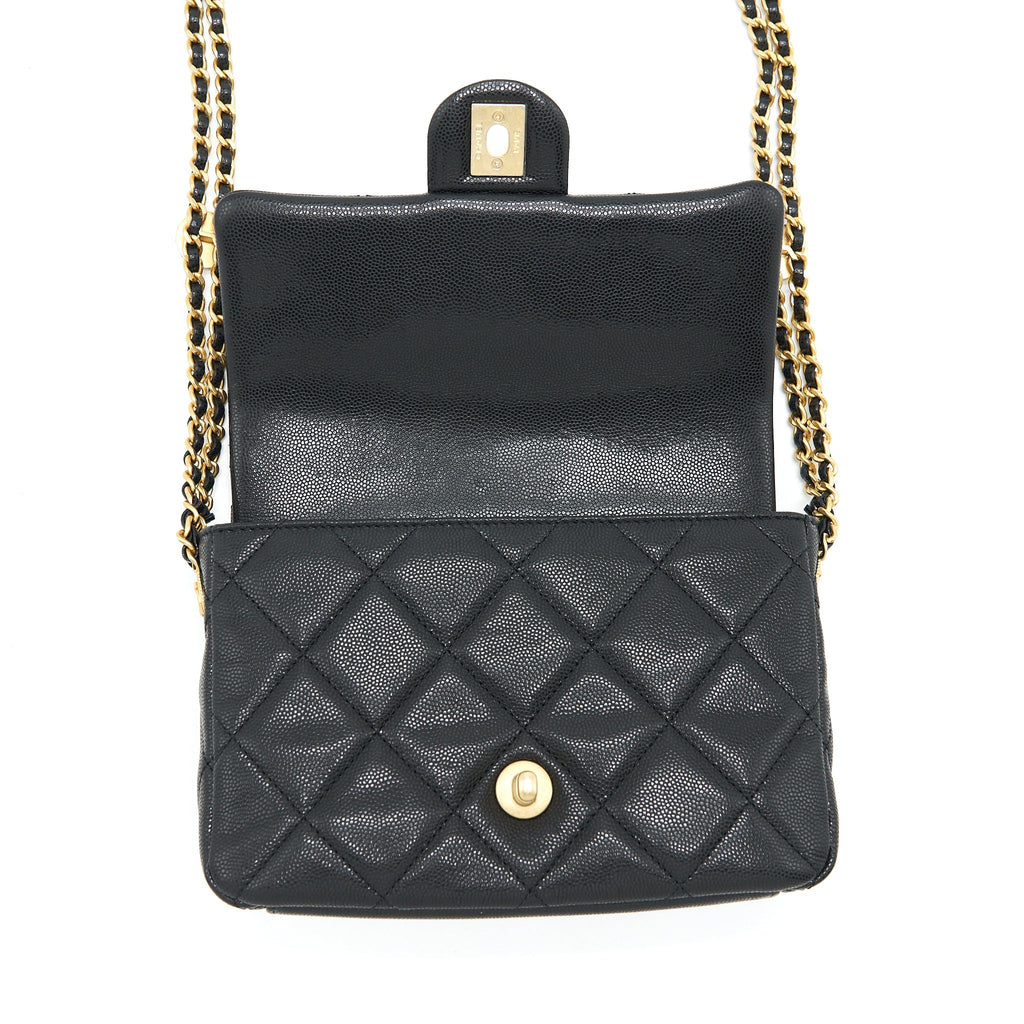 CHANEL 22A SMALL FLAP BAG WITH BUTTON ON CHAINS CAVIAR BLACK BRUSHED GHW