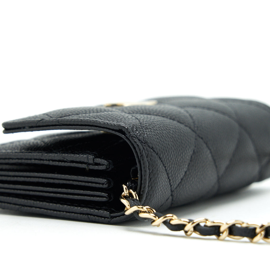 CHANEL 21K CAVIAR MINI FLAP CARDHOLDER WITH CHAIN BLACK LGHW