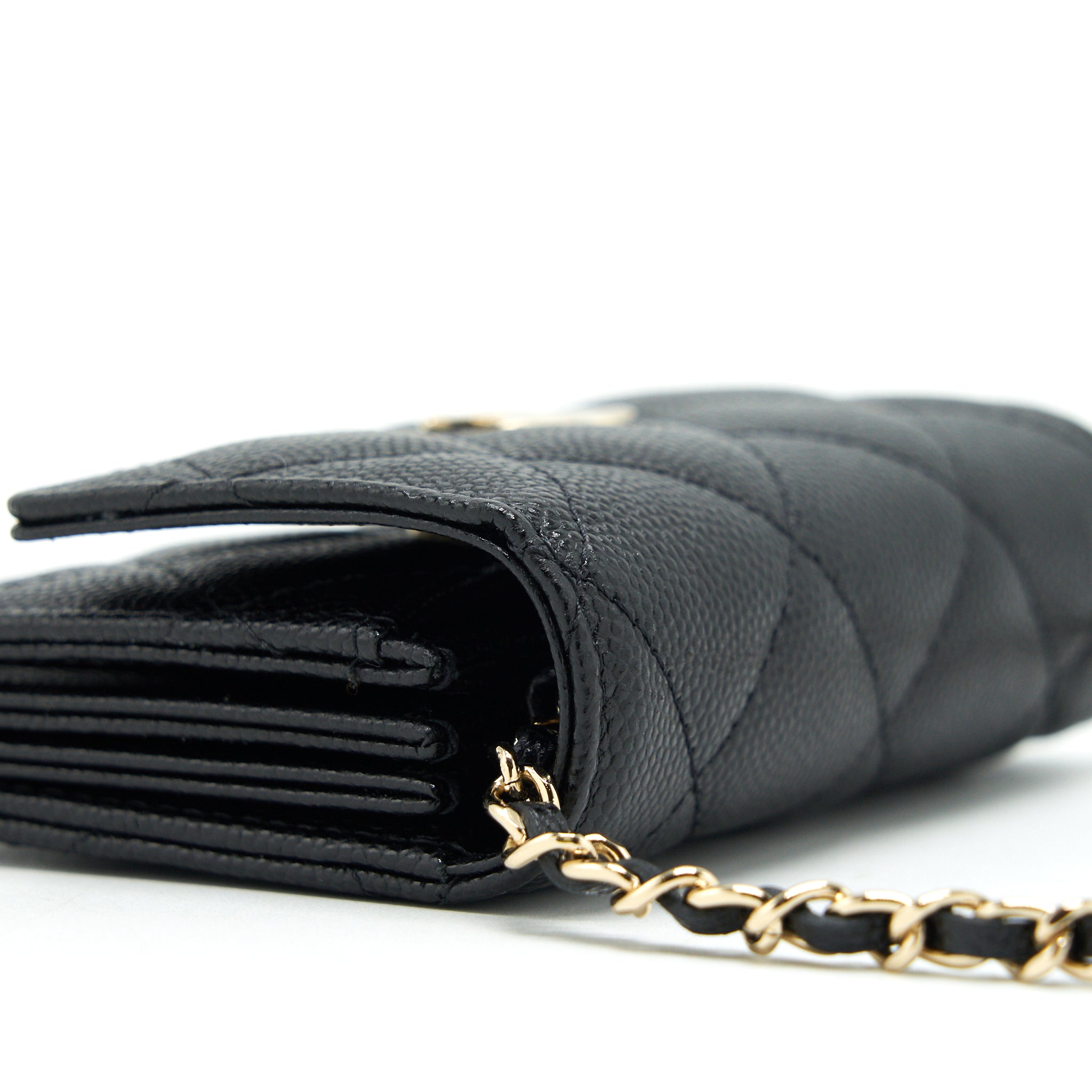 CHANEL 21K CAVIAR MINI FLAP CARDHOLDER WITH CHAIN BLACK LGHW