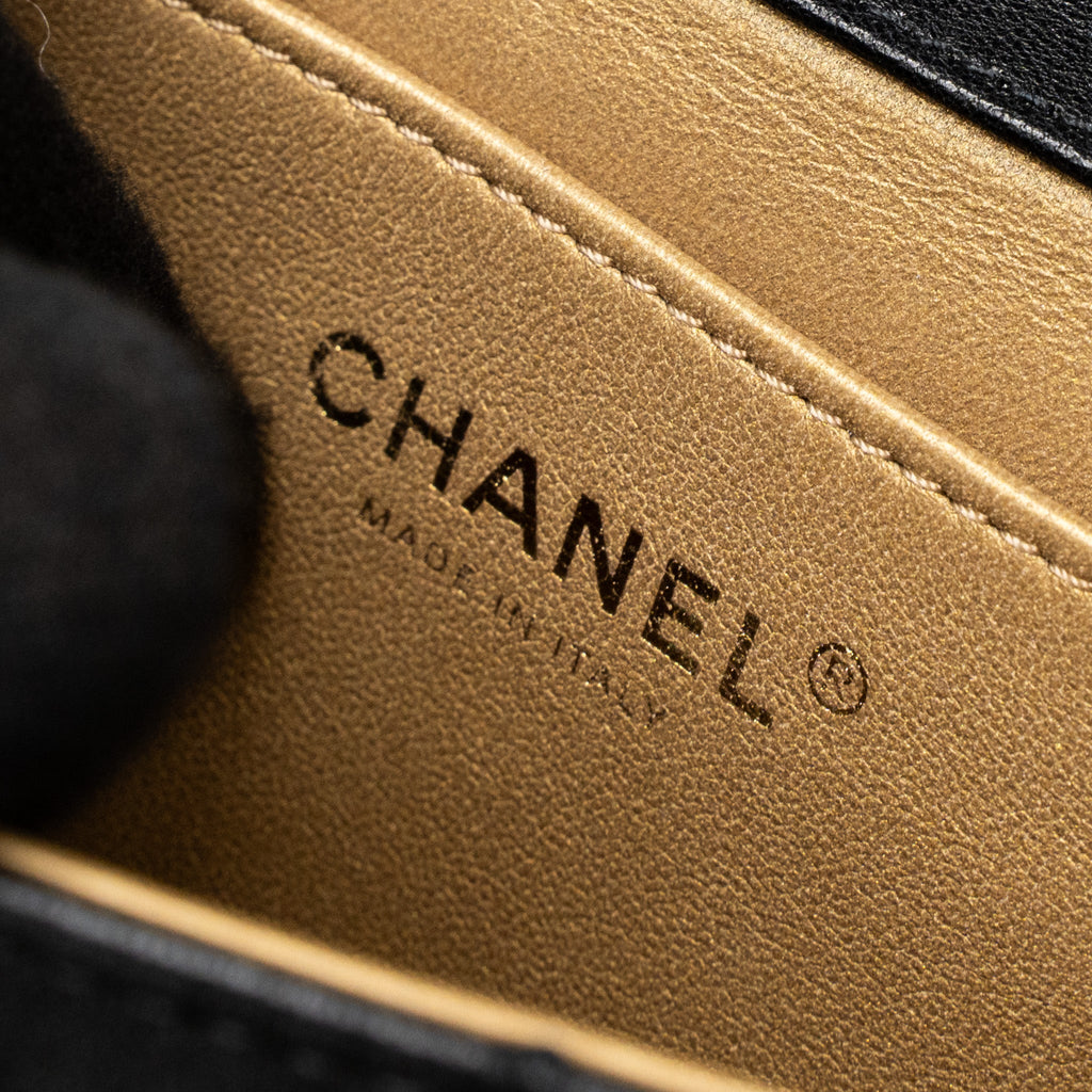 CHANEL SQUARE PEARL FLAP BAG LAMBSKIN BLACK BRUSHED GHW
