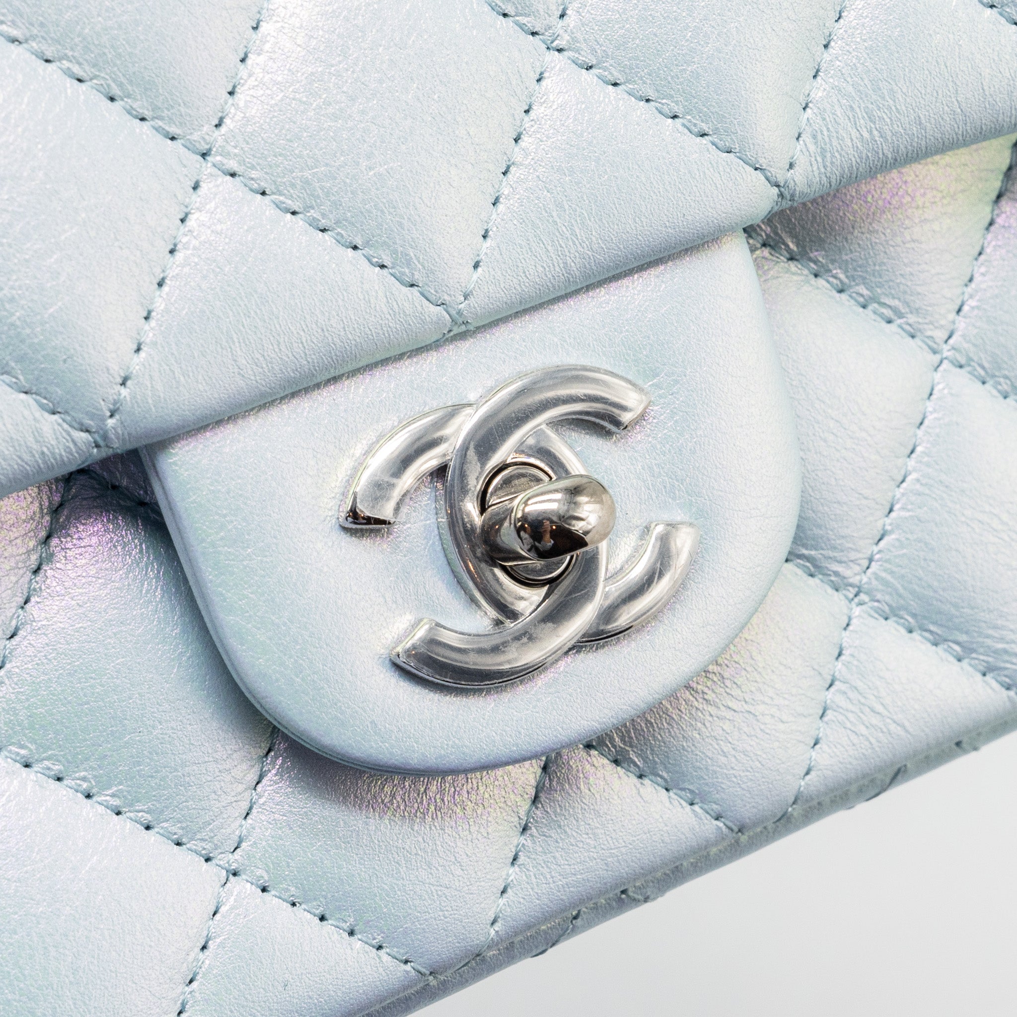CHANEL 21K MINI RECTANGULAR FLAP BAG CALFSKIN IRIDESCENT LIGHT BLUE SHW (MICROCHIP)
