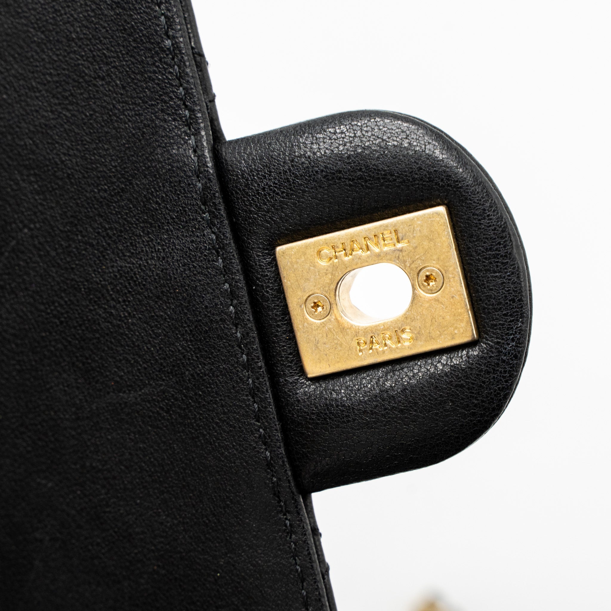 CHANEL SQUARE PEARL FLAP BAG LAMBSKIN BLACK BRUSHED GHW