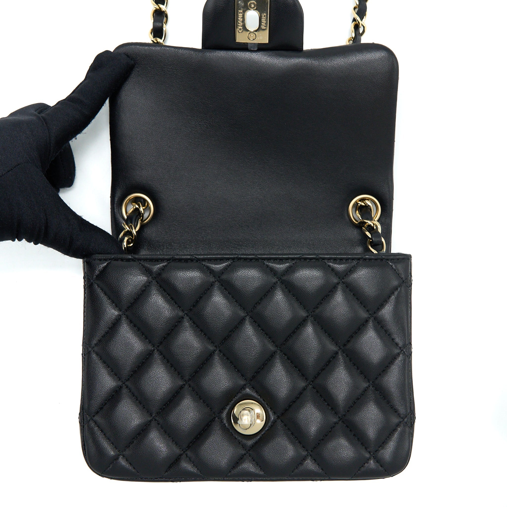 CHANEL CLASSIC MINI SQUARE FLAP BAG LAMBSKIN BLACK LGHW (MICROCHIP)