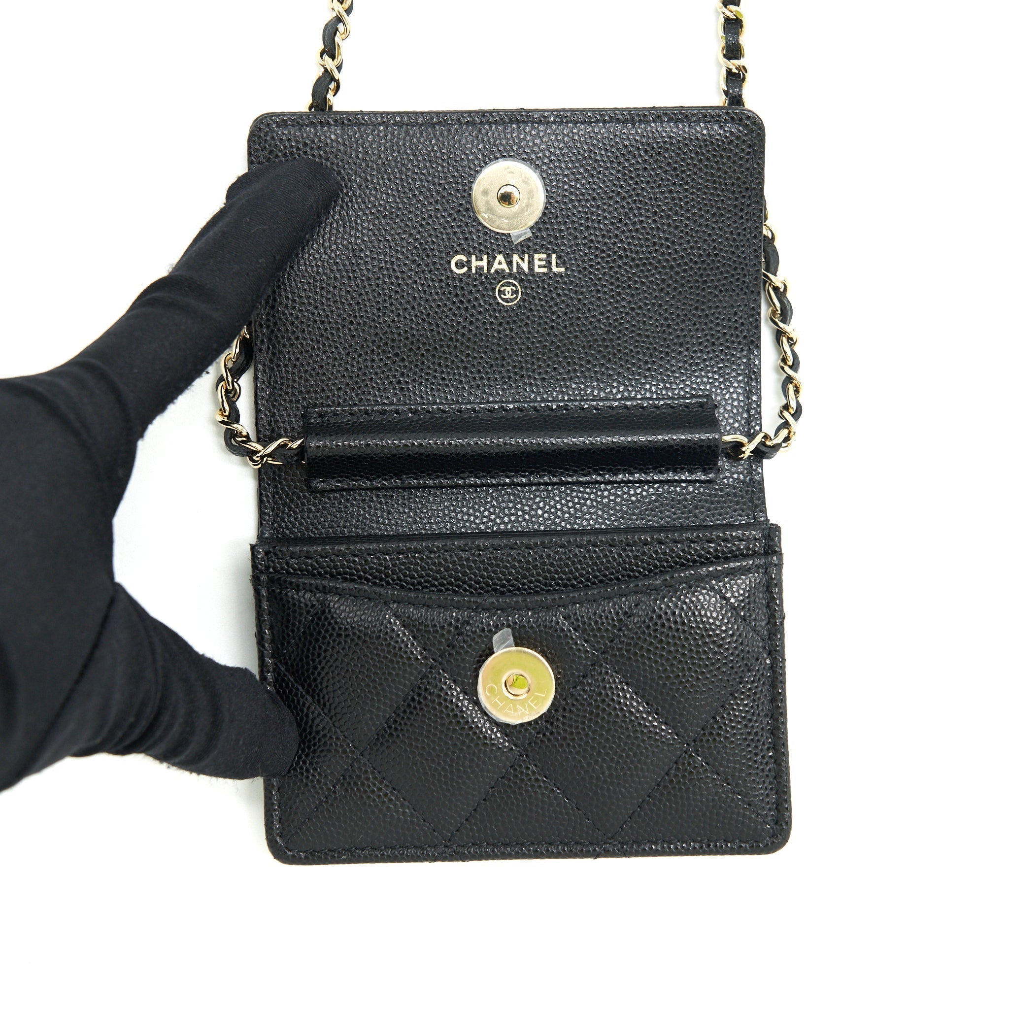 CHANEL 21K CAVIAR MINI FLAP CARDHOLDER WITH CHAIN BLACK LGHW