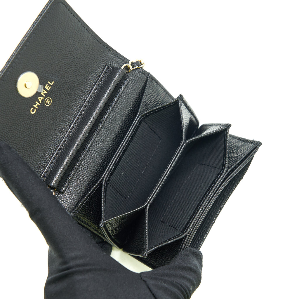 CHANEL 21K CAVIAR MINI FLAP CARDHOLDER WITH CHAIN BLACK LGHW