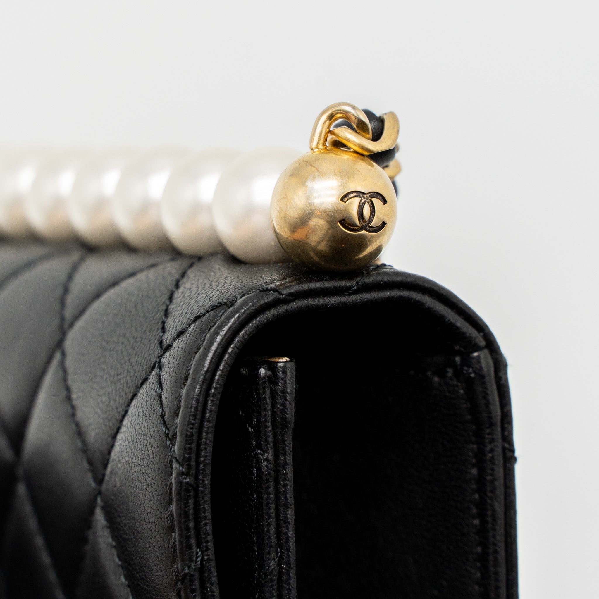 CHANEL SQUARE PEARL FLAP BAG LAMBSKIN BLACK BRUSHED GHW
