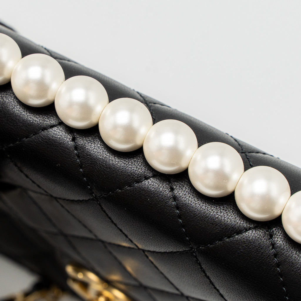 CHANEL SQUARE PEARL FLAP BAG LAMBSKIN BLACK BRUSHED GHW