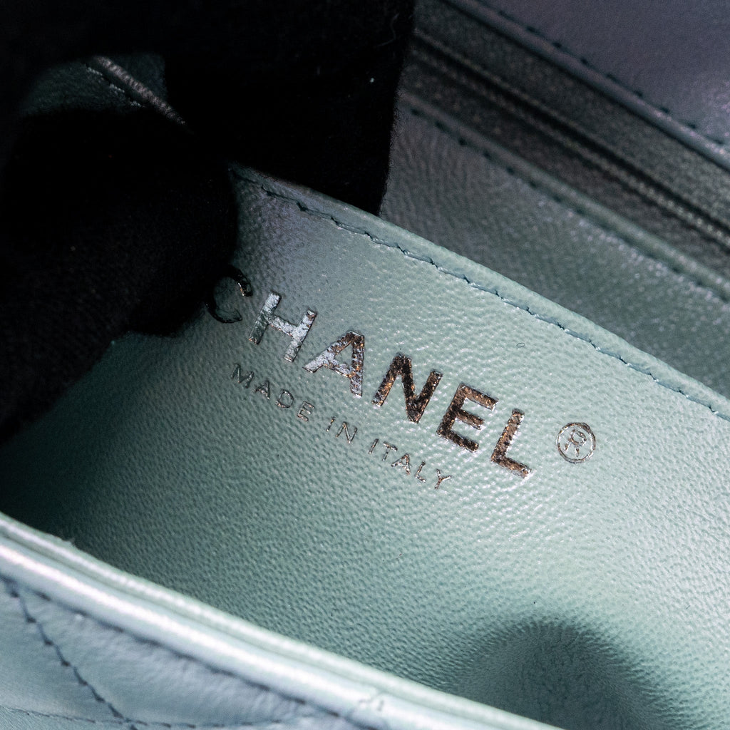 CHANEL 21K MINI RECTANGULAR FLAP BAG CALFSKIN IRIDESCENT LIGHT BLUE SHW (MICROCHIP)
