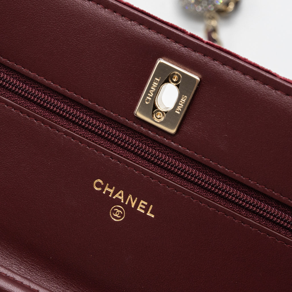CHANEL CRYSTAL PEARL CRUSH WALLET ON CHAIN VELVET BURGUNDY LGHW
