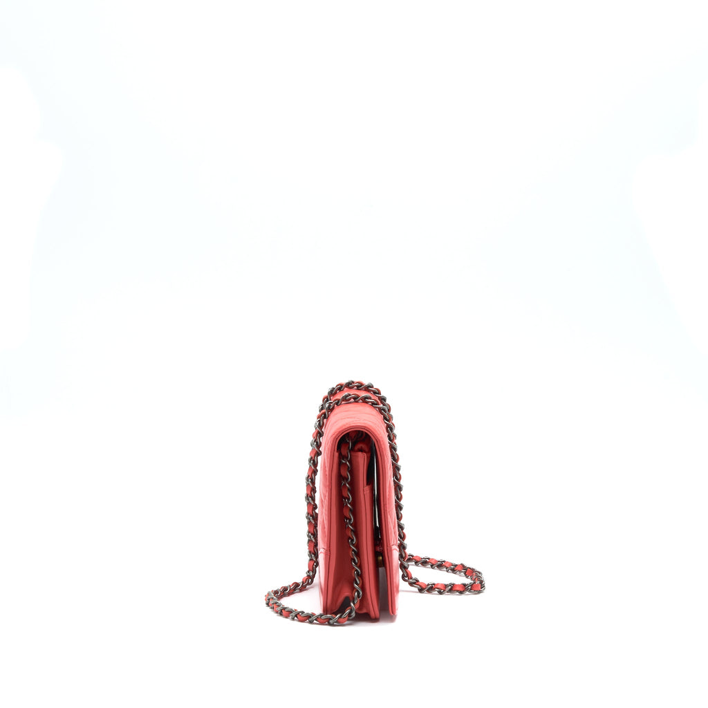 CHANEL WALLET ON CHAIN CORAL PINK DOUBLE COLOUR HARDWARE
