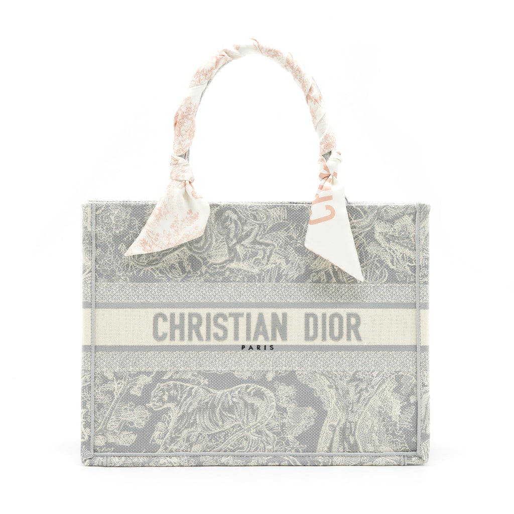 DIOR MEDIUM (OLD SMALL) BOOK TOTE GREY TOILE DE JOUY REVERSE EMBROIDERY WITH AN EXTRA TWILLY