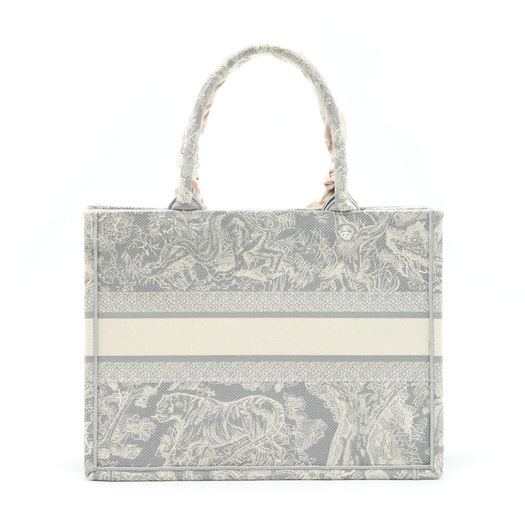 DIOR MEDIUM (OLD SMALL) BOOK TOTE GREY TOILE DE JOUY REVERSE EMBROIDERY WITH AN EXTRA TWILLY
