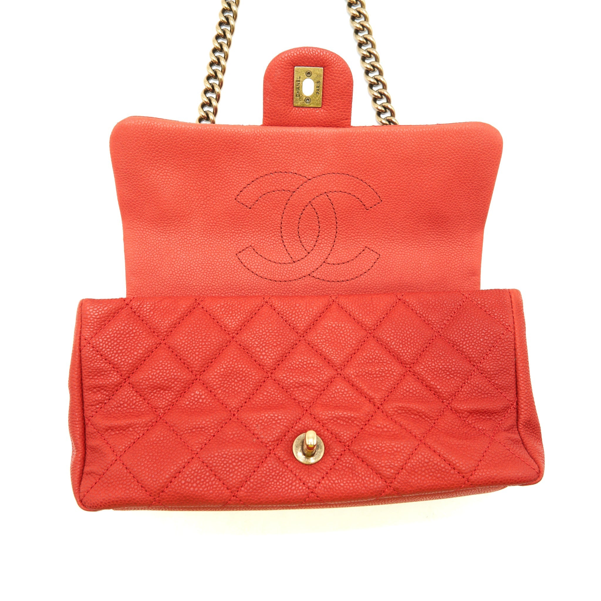 CHANEL TOP HANDLE RECTANGULAR FLAP BAG GRAINED CALFSKIN RED GHW