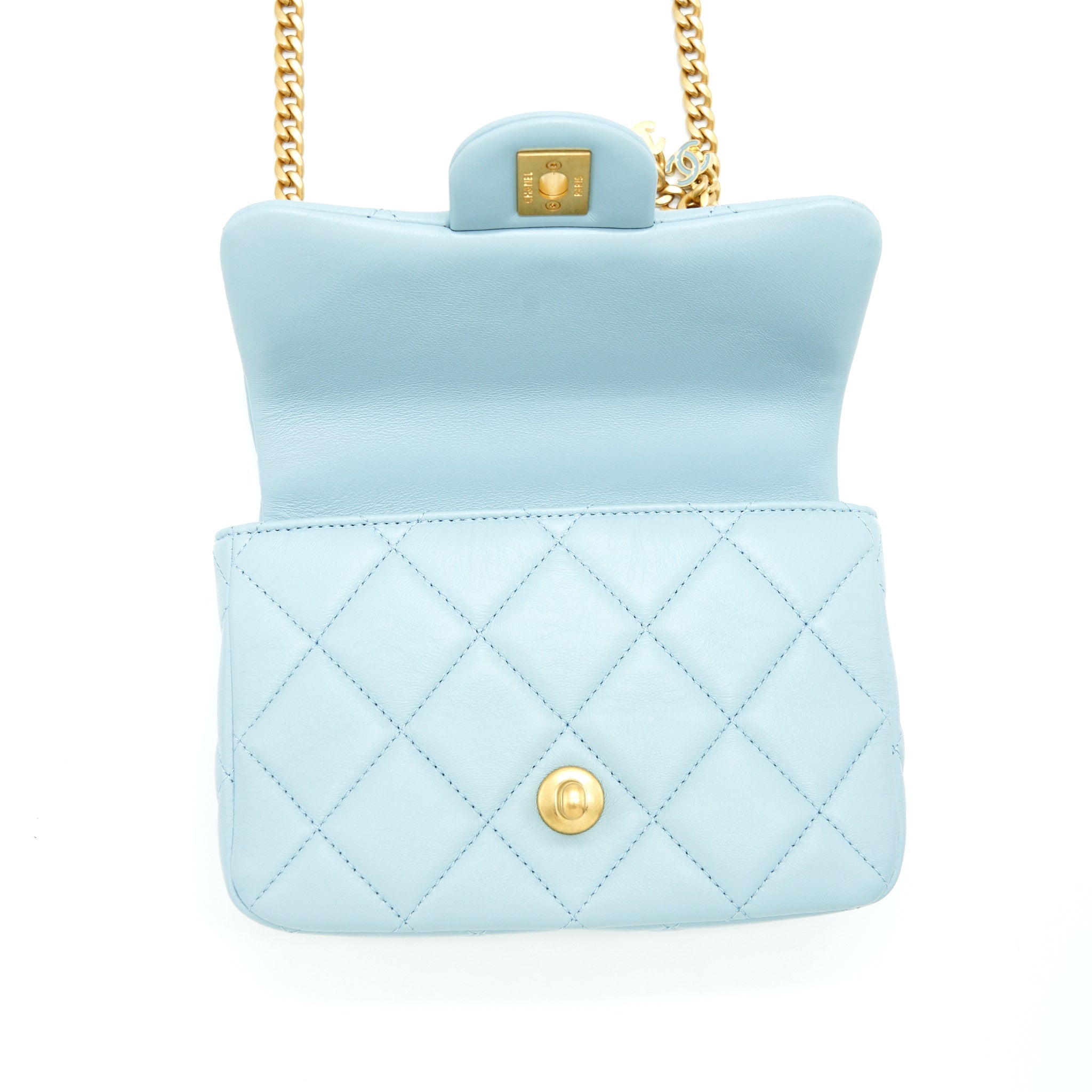 CHANEL 22P SEASONAL MINI SQUARE FLAP BAG LAMBSKIN LIGHT BLUE GHW