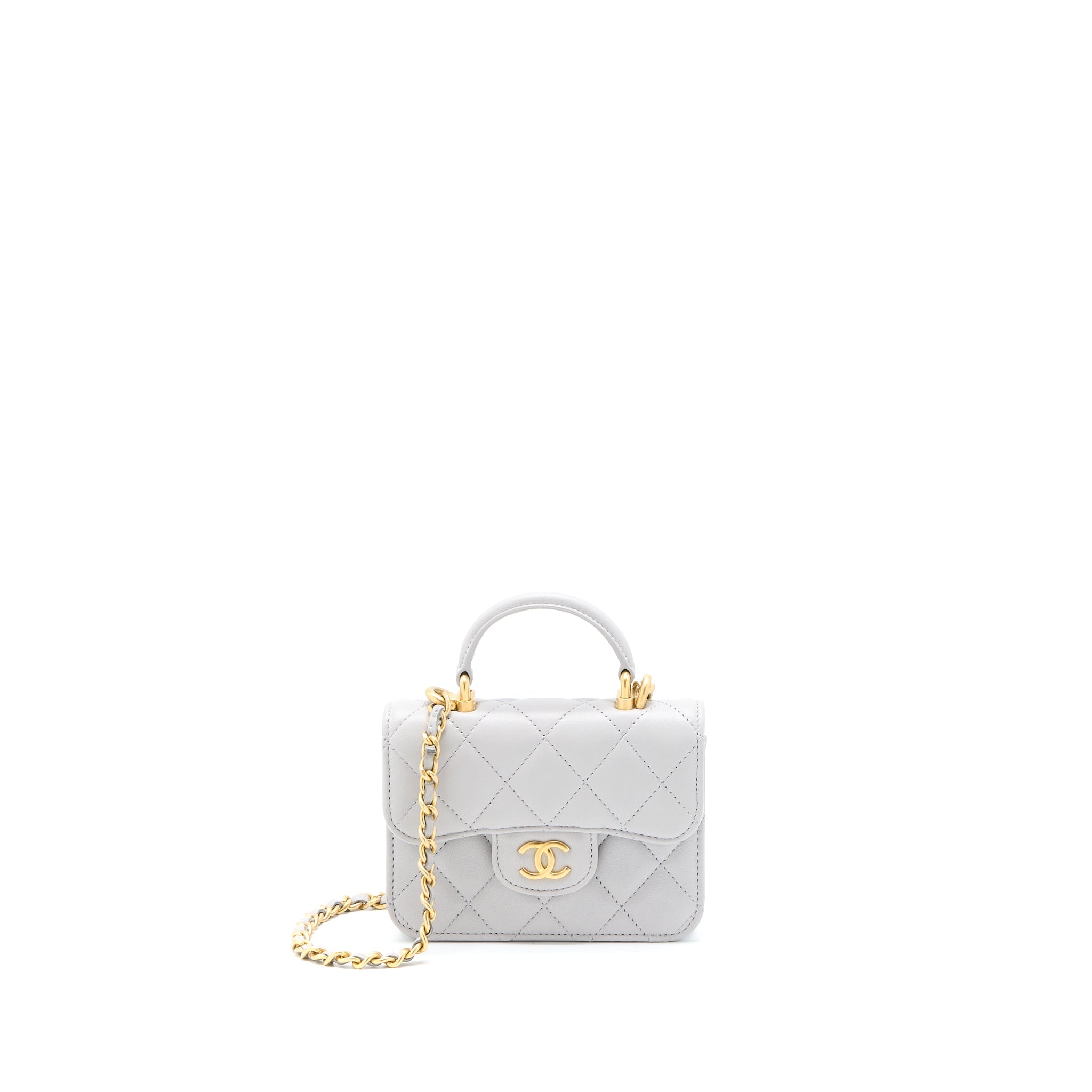 CHANEL MINI TOP HANDLE FLAP BAG LAMBSKIN LIGHT GREY BRUSHED GHW