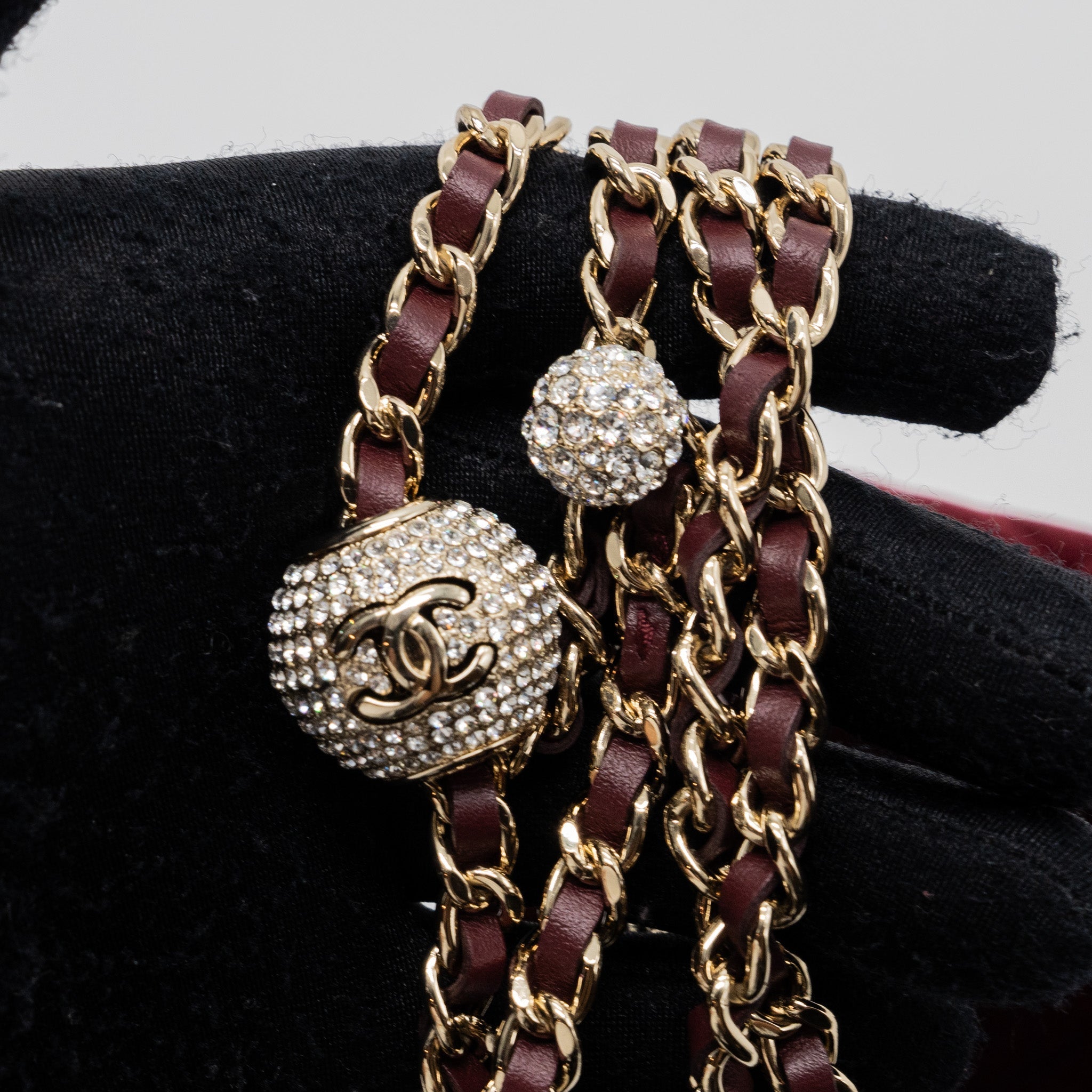 CHANEL CRYSTAL PEARL CRUSH WALLET ON CHAIN VELVET BURGUNDY LGHW