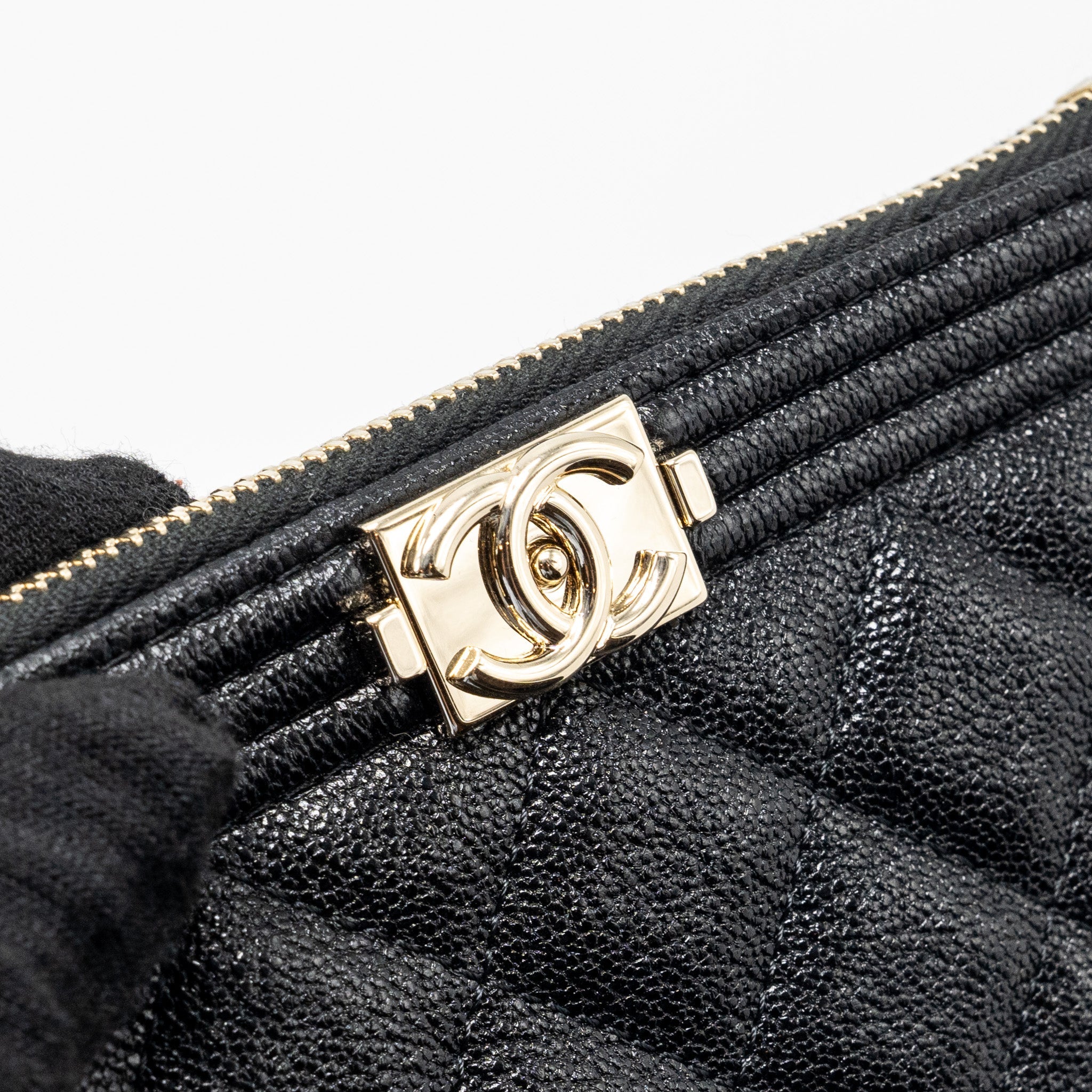 CHANEL SMALL BOY ZIP POUCH SHINY GRAINED CALFSKIN BLACK GHW