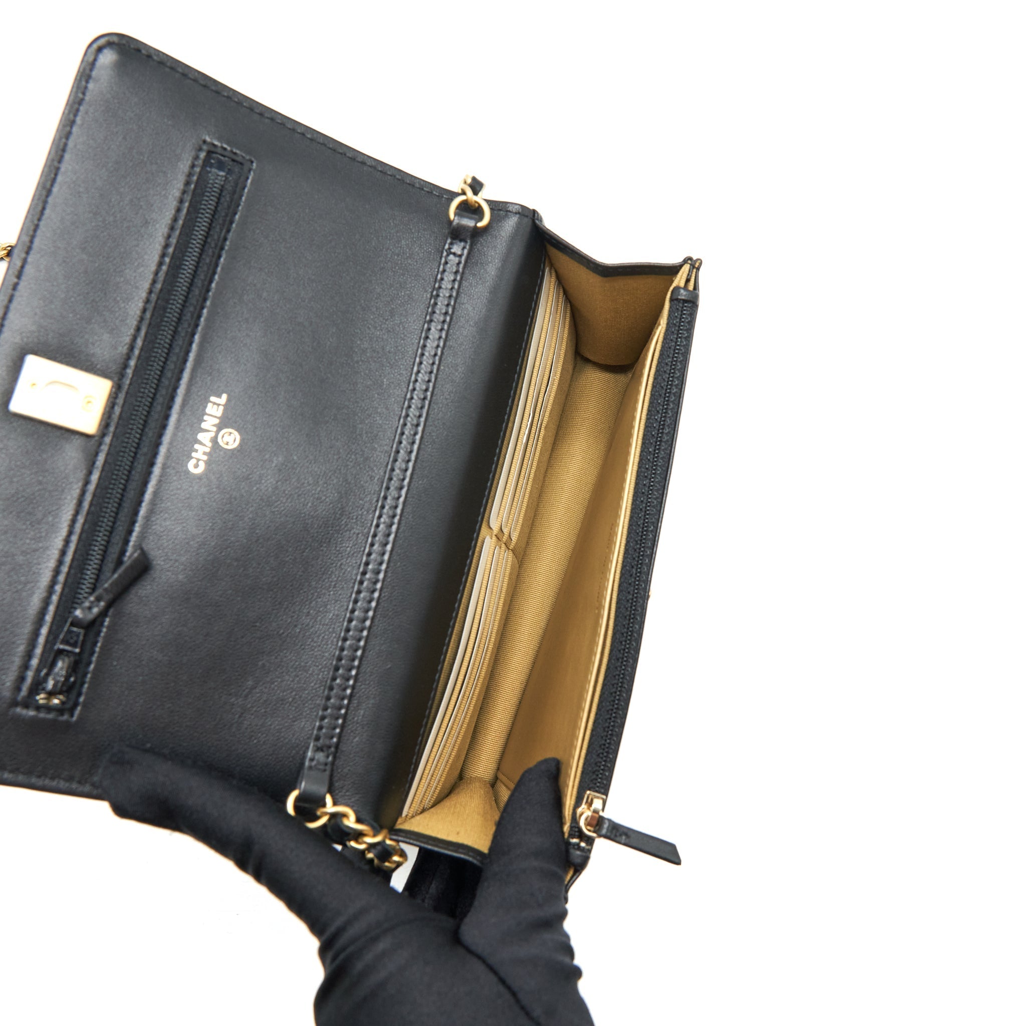 CHANEL 22S PEARL CRUSH WALLET ON CHAIN LAMBSKIN BLACK GHW (MICROCHIP)