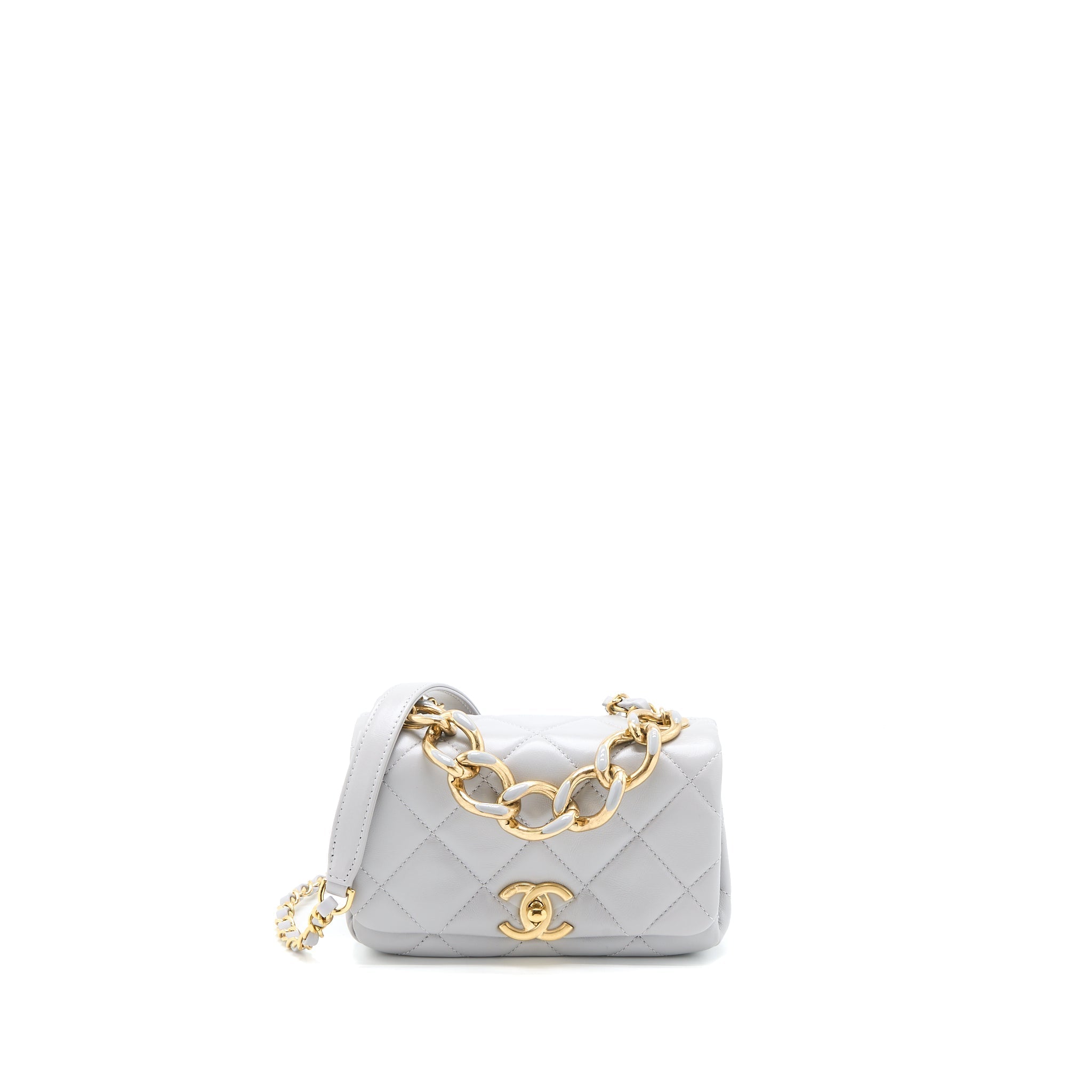 CHANEL QUILTED MINI FLAP BAG LAMBSKIN LIGHT GREY GHW (MICROCHIP)