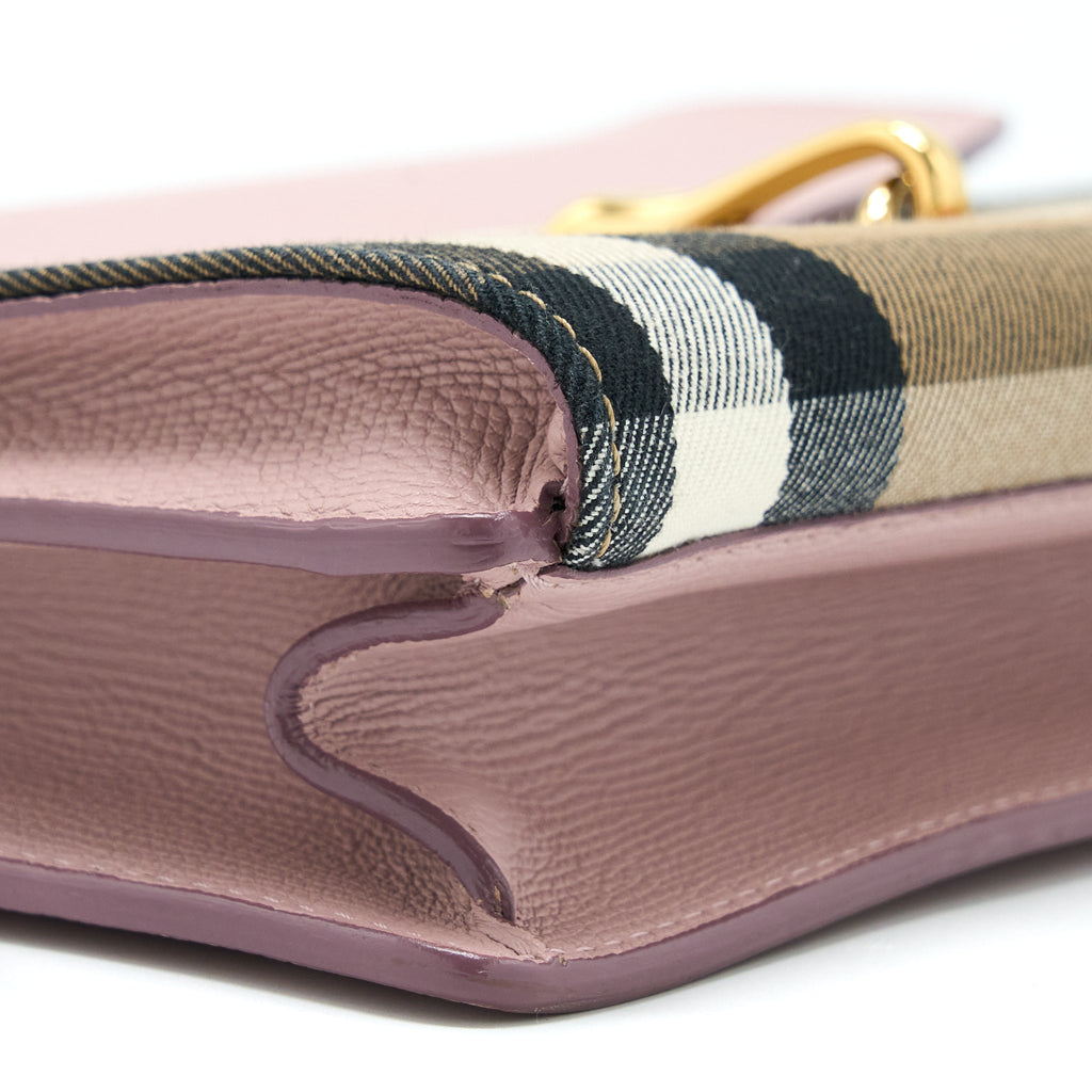 BURBERRY SMALL LEATHER AND HOUSE CHECK CROSSBODY BAG PALE ORCHID