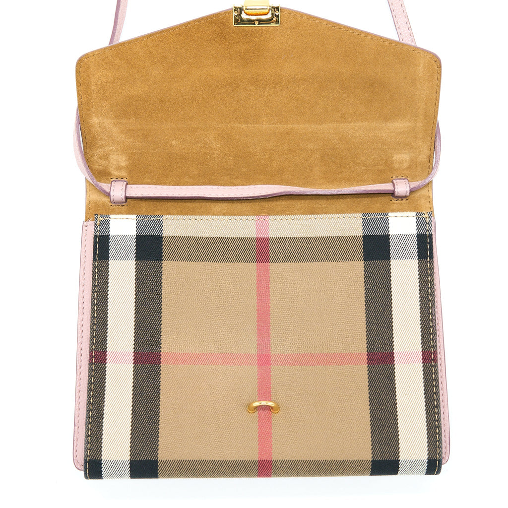 BURBERRY SMALL LEATHER AND HOUSE CHECK CROSSBODY BAG PALE ORCHID