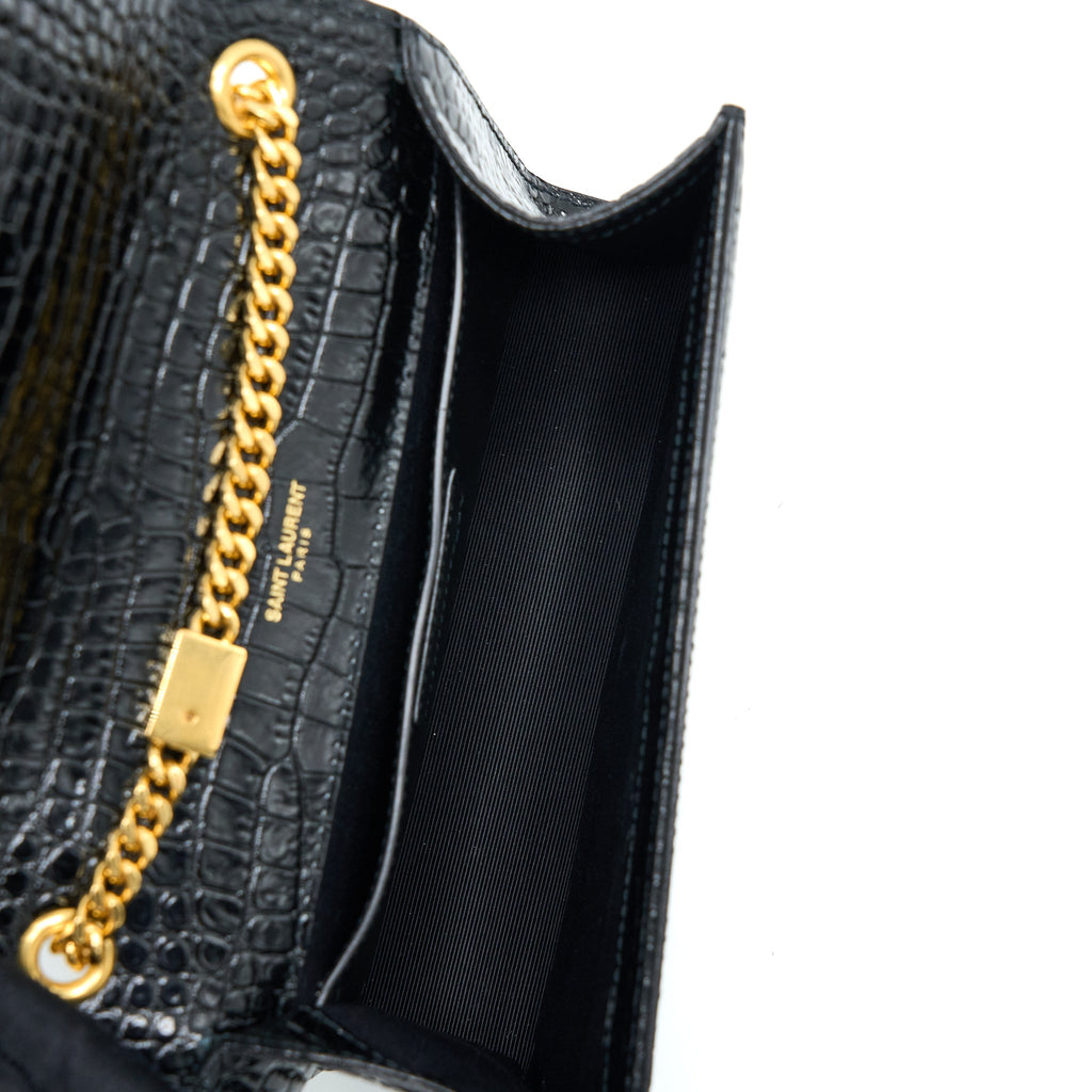 SAINT LAURENT KATE BAG CROC EMBOSSED CALFSKIN BLACK GHW