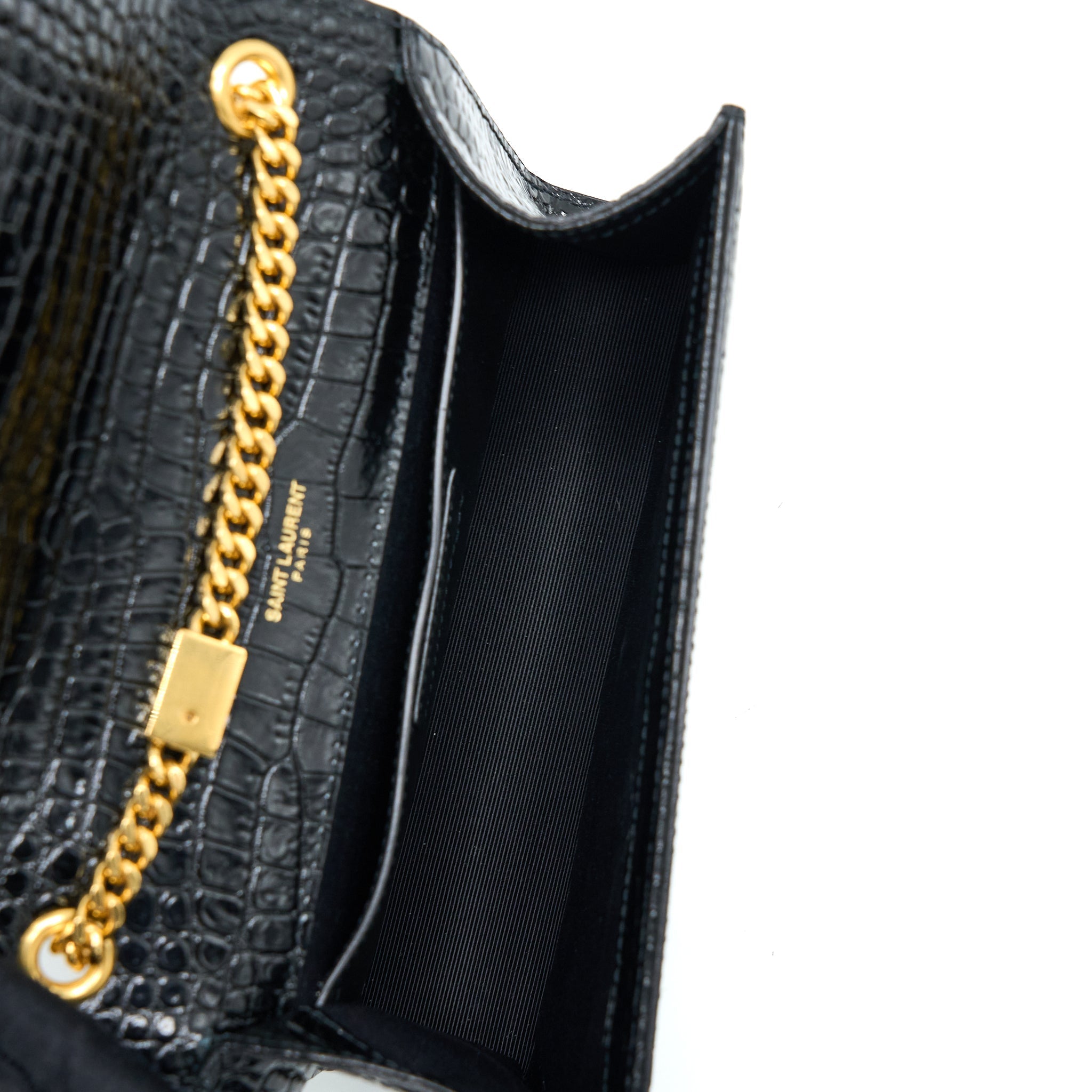 SAINT LAURENT KATE BAG CROC EMBOSSED CALFSKIN BLACK GHW