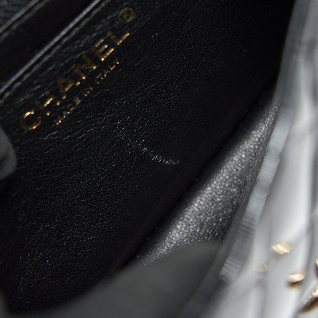 CHANEL MINI SQUARE FLAP BAG QUILTED PATENT LEATHER BLACK GHW
