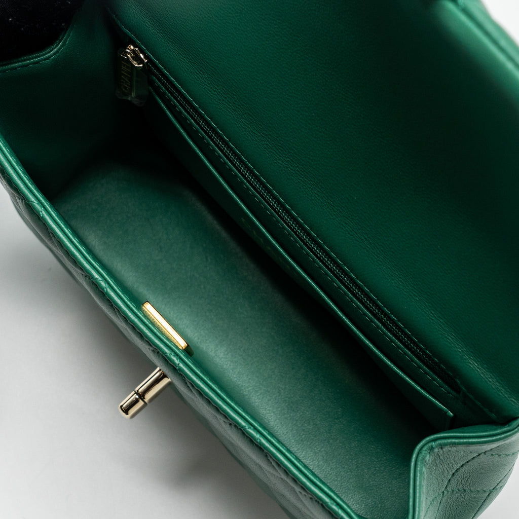 CHANEL TOP HANDLE MINI FLAP BAG WITH CHAIN LAMBSKIN GREEN LGHW (MICROCHIP)
