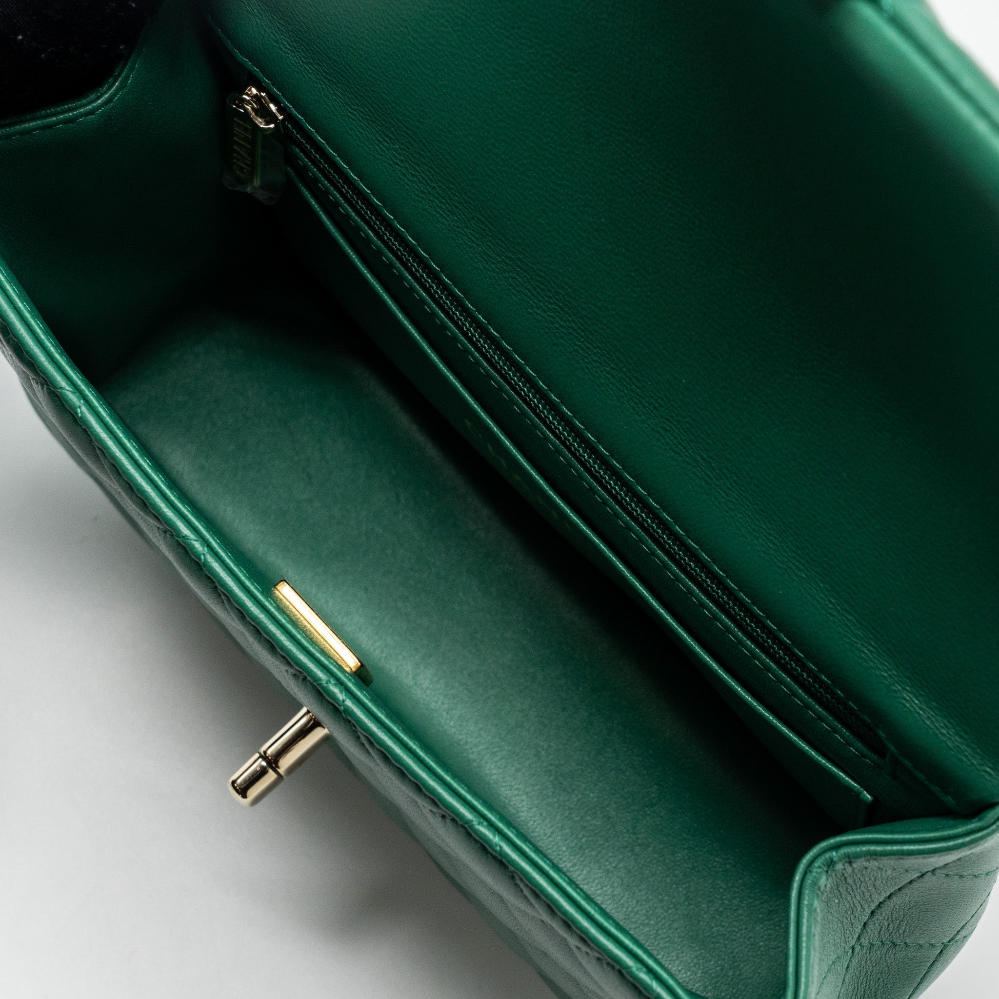 CHANEL TOP HANDLE MINI FLAP BAG WITH CHAIN LAMBSKIN GREEN LGHW (MICROCHIP)