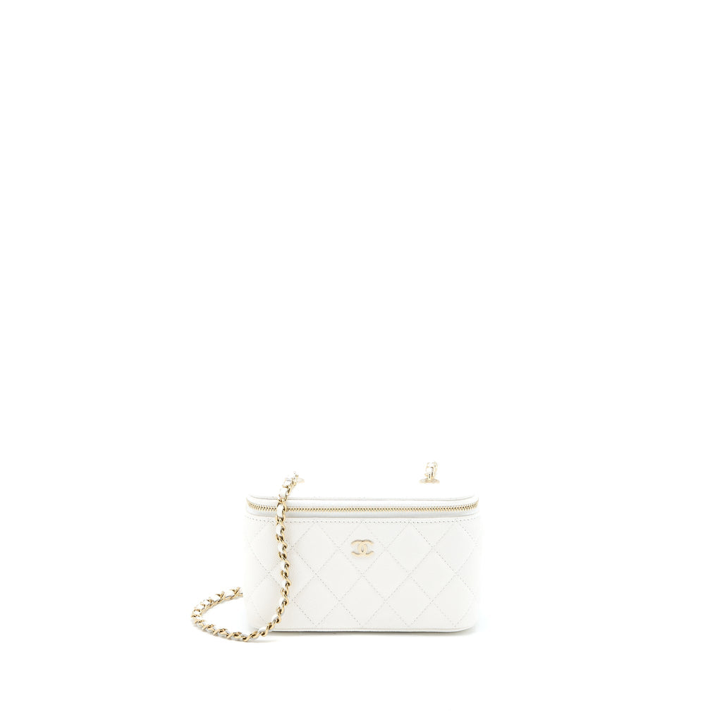 CHANEL LONG VANITY WITH CHAIN CAVIAR WHITE LGHW (MICROCHIP)