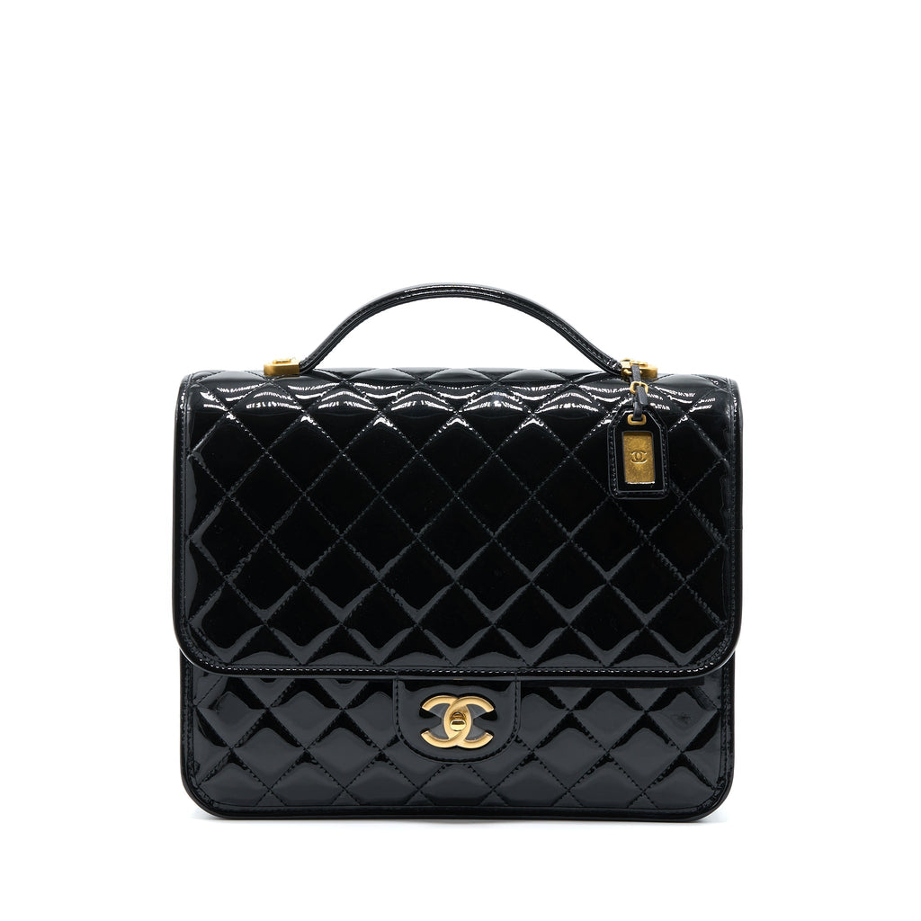 CHANEL 22K LARGE BACKPACK PATENT BLACK BRUSHED GHW (MICROCHIP)