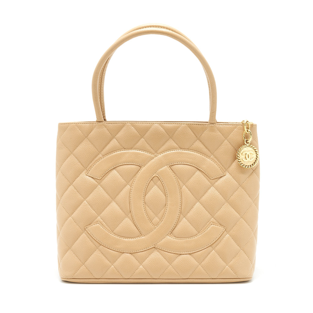 CHANEL VINTAGE MEDALLION TOTE BAG CAVIAR BEIGE GHW
