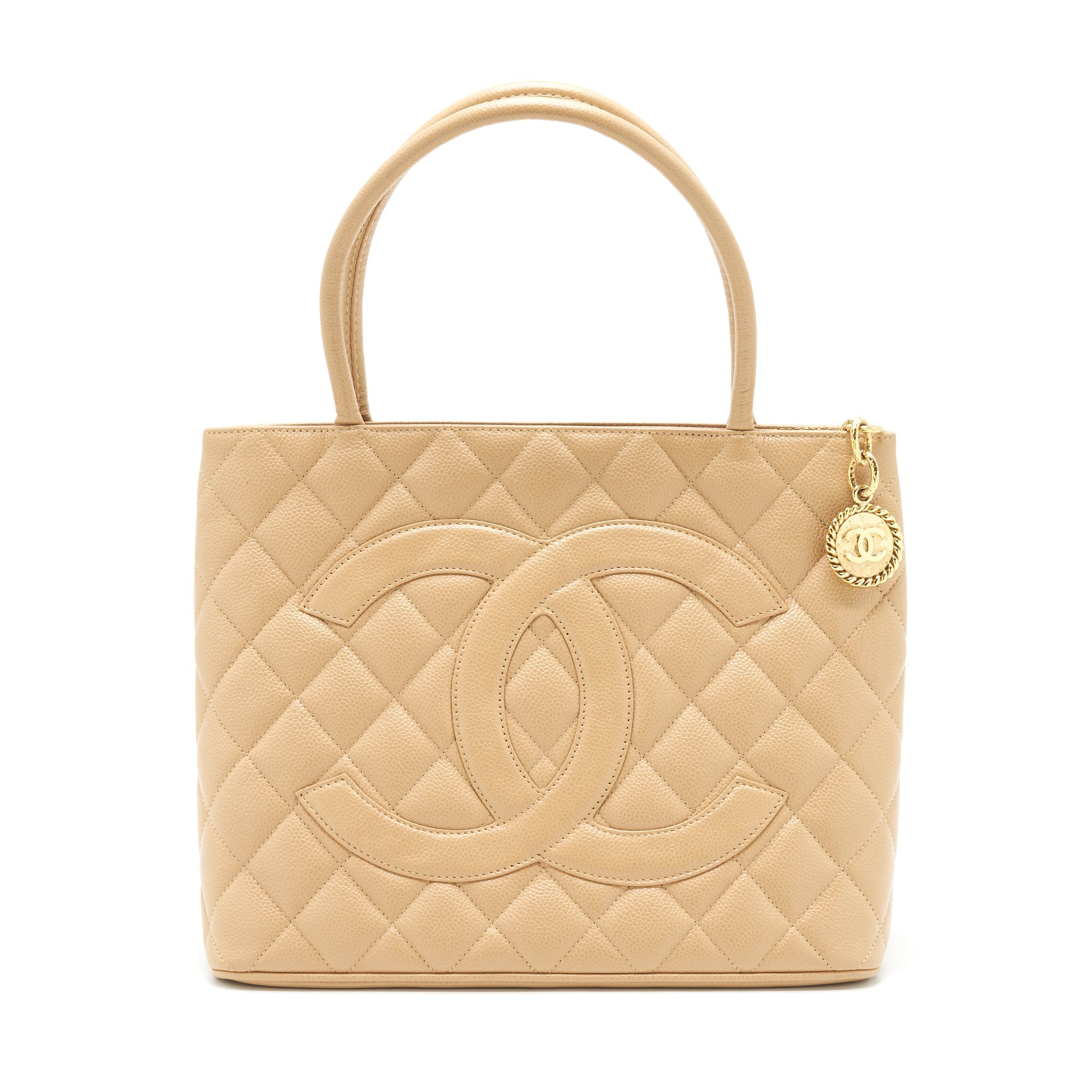 CHANEL VINTAGE MEDALLION TOTE BAG CAVIAR BEIGE GHW