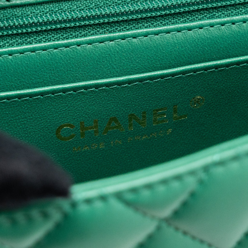 CHANEL TOP HANDLE MINI FLAP BAG WITH CHAIN LAMBSKIN GREEN LGHW (MICROCHIP)