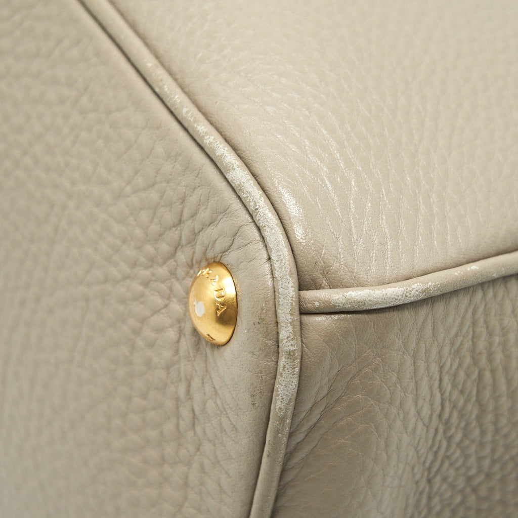 PRADA GRAINED CALFSKIN DOUBLE ZIP TOTE BAG LIGHT GREY GHW