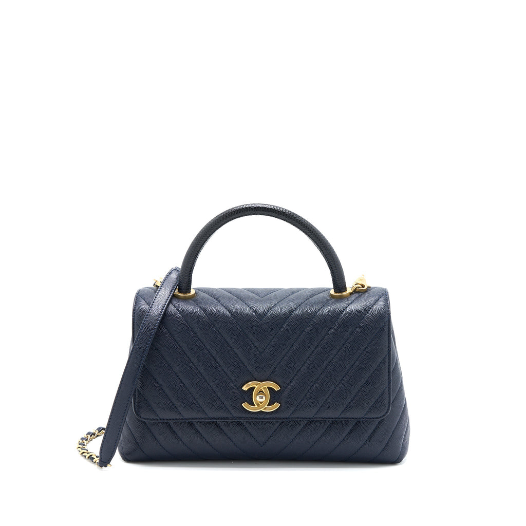 CHANEL MEDIUM CHEVRON COCO HANDLE BAG CAVIAR WITH LIZARD HANDLE NAVY BRUSHED GHW