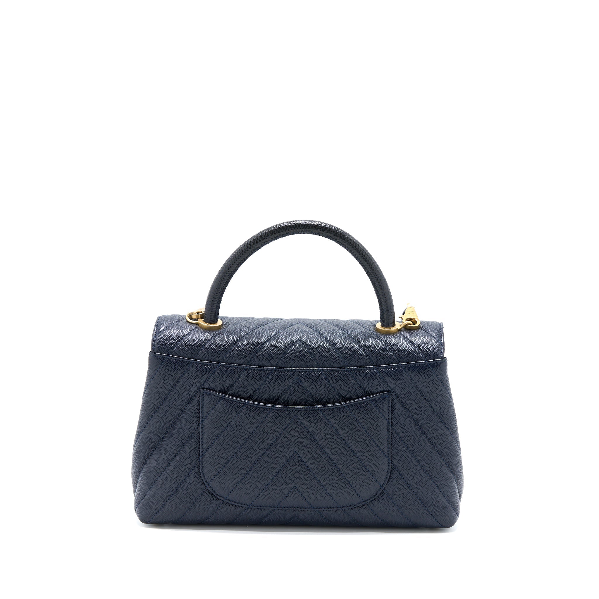 CHANEL MEDIUM CHEVRON COCO HANDLE BAG CAVIAR WITH LIZARD HANDLE NAVY BRUSHED GHW