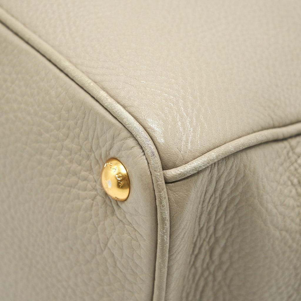 PRADA GRAINED CALFSKIN DOUBLE ZIP TOTE BAG LIGHT GREY GHW