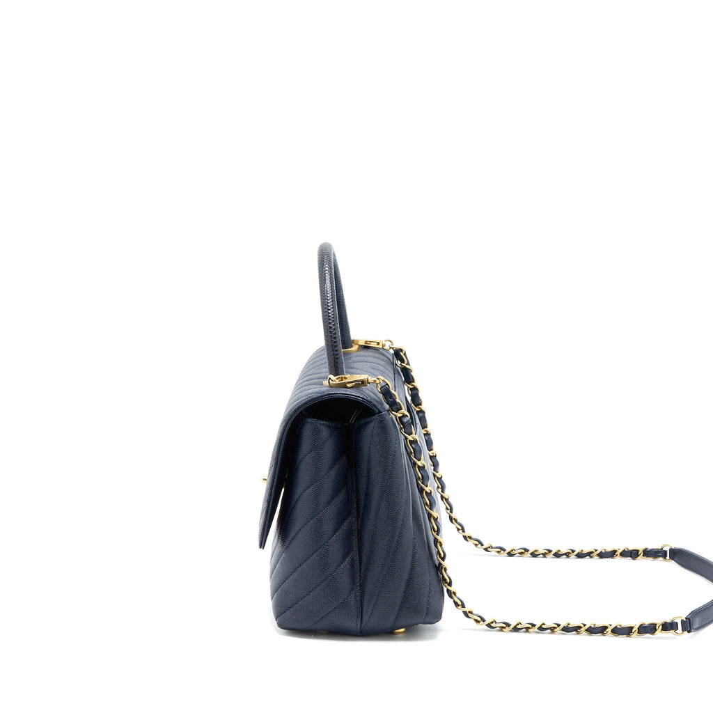 CHANEL MEDIUM CHEVRON COCO HANDLE BAG CAVIAR WITH LIZARD HANDLE NAVY BRUSHED GHW