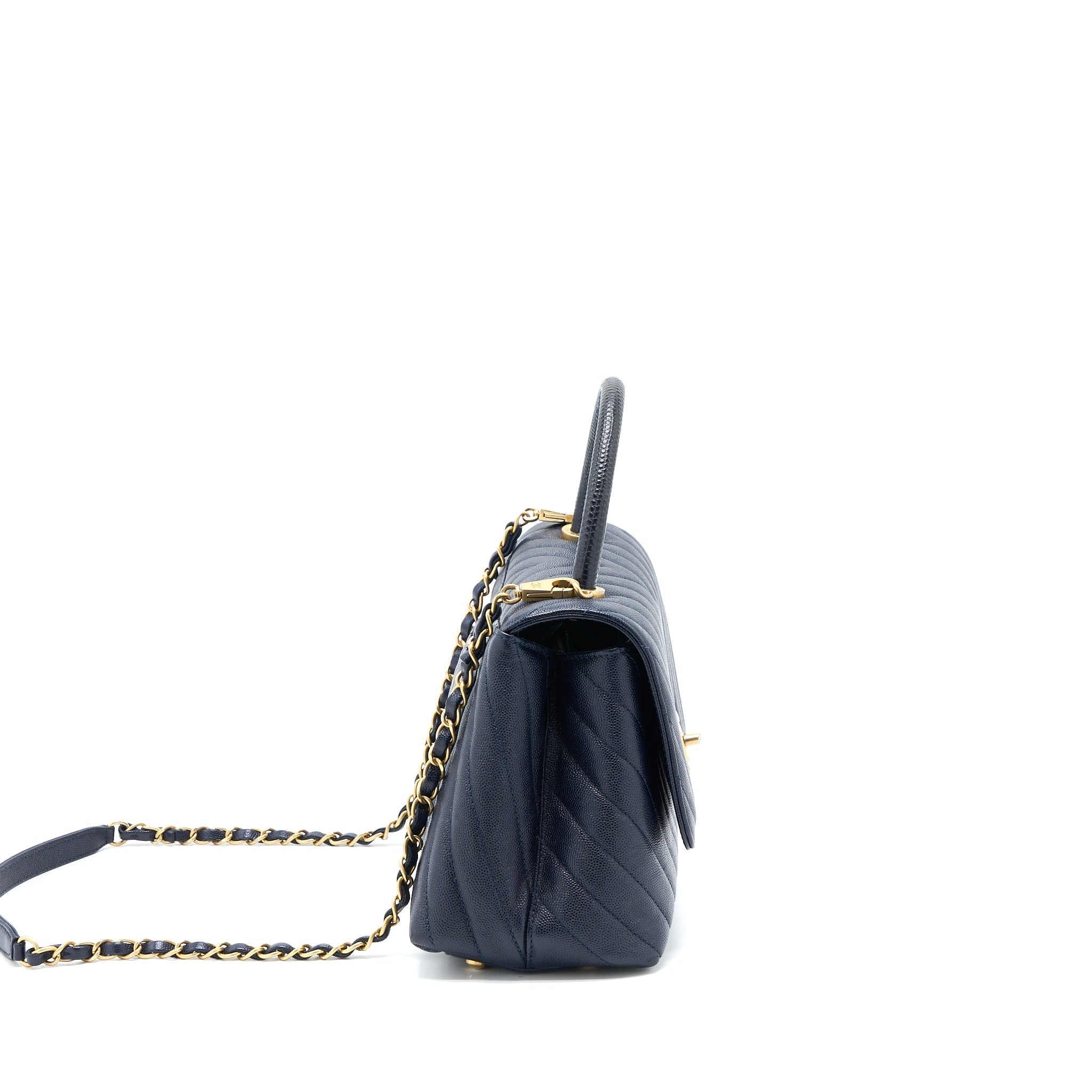 CHANEL MEDIUM CHEVRON COCO HANDLE BAG CAVIAR WITH LIZARD HANDLE NAVY BRUSHED GHW